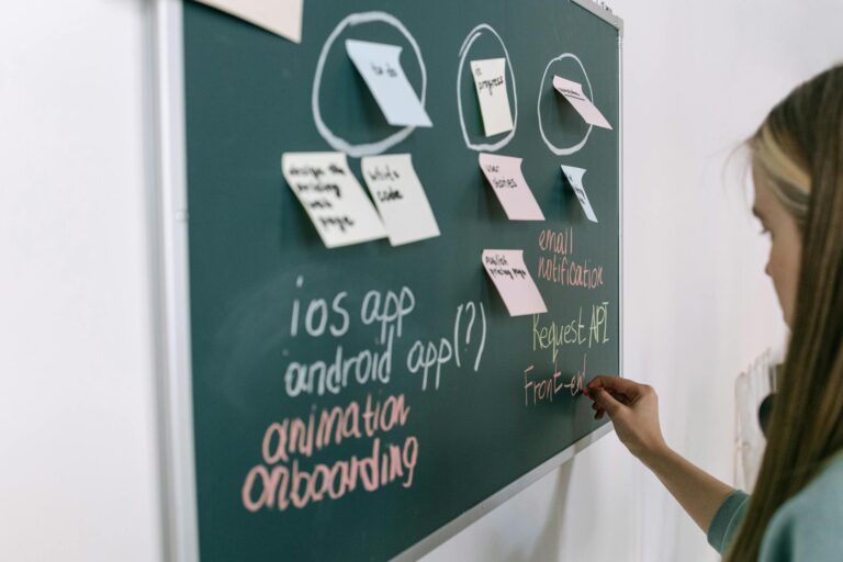 Woman writing on chalkboard during a brainstorming session in an office setting.